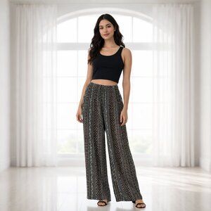 Passport Boho Smock Waist Flare Pants Small Black Mixed Print Rayon